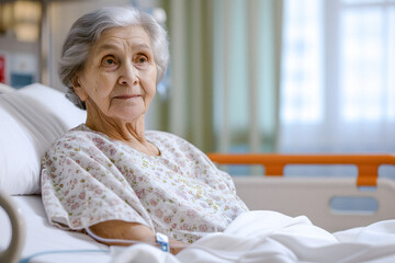 Lonely Elderly Woman Sits Alone In Hospital Or Hospice, Her Wrinkled Face Is Worried - obrazy, fototapety, plakaty