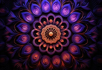 Fototapeta premium A vibrant purple and orange flower design on a black background. Generative AI.