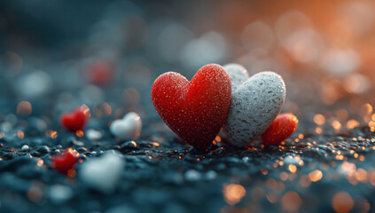 White red hearts close-up with blurred background and bokeh on dark background Ai generative