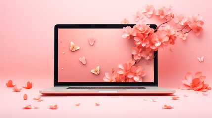 Open laptop with blank screen hearts and flowers on pastel pink background. Banner mockup for graphic design interior decor concept