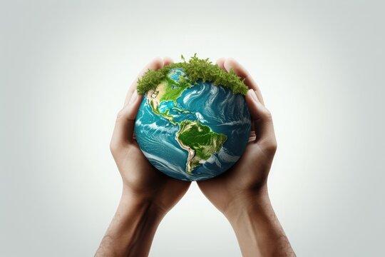 Hands holding glass globe world In green forest World environment and earth day concept