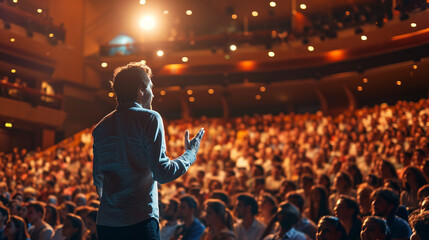 keynote speaker giving a lecture to a large audience in a grand auditorium The speaker is confidently addressing the crowd, gesturing with their hand, under the spotlight on stage - obrazy, fototapety, plakaty