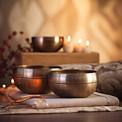 Tibetan singing bowls for healing, meditation, relaxation, copper-colored massage in a cozy candlelit environment