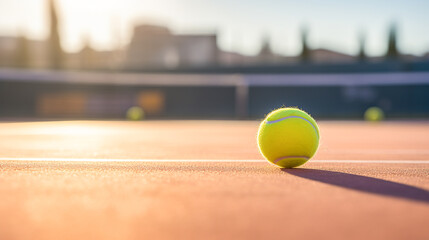 Yellow tennis ball lying on the tennis court in the sunlight flare. Victory achievement concept - obrazy, fototapety, plakaty