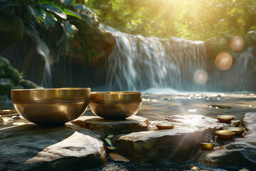 Tibetan singing bowls for healing, meditation, relaxation, restoration copper color standing on stones and waterfall - obrazy, fototapety, plakaty
