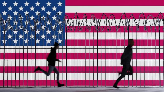 United States flag. Refugees near barbed wire fence. Immigrants run near barbwire fence - Concept 3D render animation.