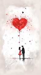 A man and woman stand before a heart-shaped balloon. The heart balloon is red and splattered with red hearts. Concept: Valentine's Day.