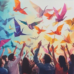 Multiethnic Group of People Having Fun with Colorful origami Paper Birds. A group of diverse individuals releasing colorful paper cranes into the sky.  - obrazy, fototapety, plakaty