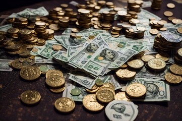 Golden coins and banknotes on a dark background. Close-up.