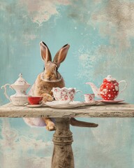 Rabbit with tea set on the table. Easter bunny with cup of coffee and teapot in the forest. A hare enjoying a tea party on a floating table surrounded by peculiar objects. 
