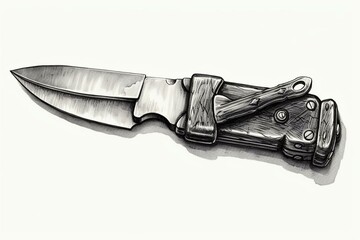Sketch engraving of a folding pocket knife illustration with transparent background. Generative AI - obrazy, fototapety, plakaty