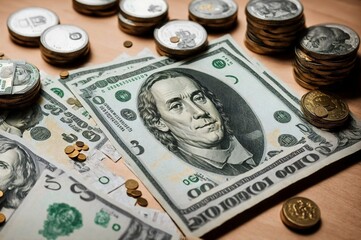 Fototapeta premium Golden coins and banknotes on a dark background. Close-up.