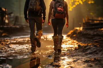Two individuals braving the elements, their garments and boots soaked from the rain, standing on the wet ground as they navigate through a puddle on their outdoor journey - obrazy, fototapety, plakaty