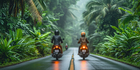 Paare fahren Motorrad in grüner tropischer Umgebung - obrazy, fototapety, plakaty