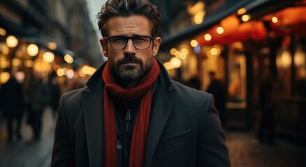 In the dark of night, a bearded man with a scarf and glasses stands stoically on the street, his jacket blending into the surrounding buildings as he gazes out into the world