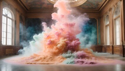 Exploding powder in pastel colors in an old museum ambience. Abstract history of art concept. Fashion and design idea. Copy space.