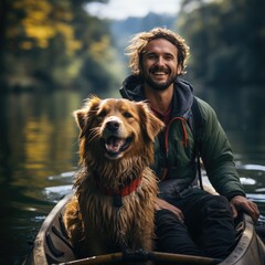 Amidst the tranquil waters of the river, a man and his faithful brown dog sit in their canoe, surrounded by the beauty of nature and dressed for an outdoor adventure