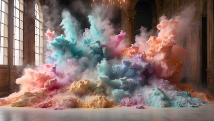 Exploding powder in pastel colors in an old museum ambience. Abstract history of art concept. Fashion and design idea. Copy space.