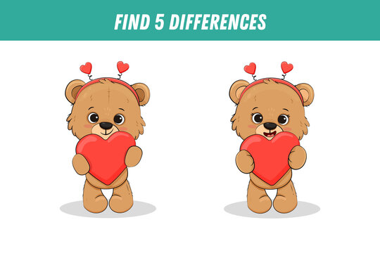 Find five differences between two pictures of cute brown bear. Cute teddy bear with heart. Activity page, game.