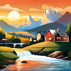 sunrise in mountains - Digital art - natural digital art, sunset in mountains scenery- Hidden Village Harmony, Sunset Symphony, Mystical green nature landscape - natural background