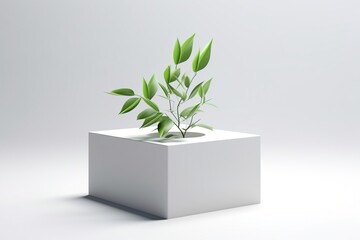 A 3D rendering of a plant growing out of a white cube