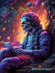 Undead man using phone, - Zombie using a Tablet, laptop. neon background - ultra realistic art - abstract art - Use of technology. City of Glowing Ruins: A Haunting Vision of Tech-Savvy Undead