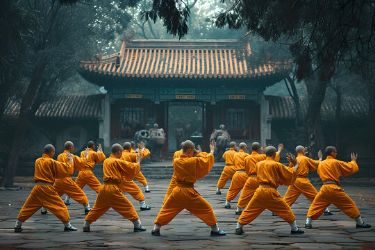 Shaolin monks having a training, shaolin monks, monks, tradition