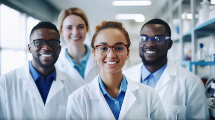 Four medical professionals in white lab coats, standing in a laboratory setting. Professional Medical Research Team in Lab