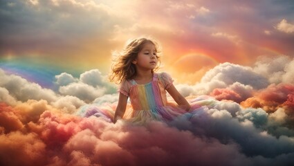 A dreamy and ethereal photo of a child floating in a sea of clouds, surrounded by a rainbow of colors and basking in the warm embrace of the sun. Copy space.