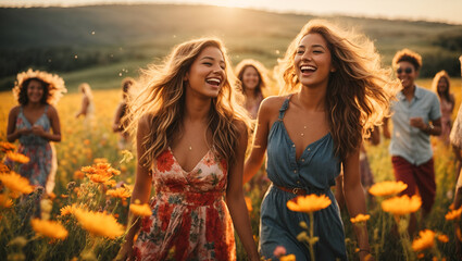 A vibrant and colorful scene of a group of friends laughing and dancing in a field of wildflowers,...