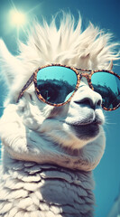 Llama with sunglasses. Blue sky and sunny day