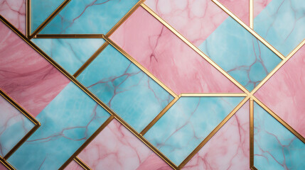 Closeup of pastell pink and blue tiles with golden frames as oblique geometric shapes seamless...
