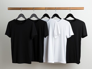 Fototapeta premium Mockup of white, black, heather t-shirts, holding hands on the shoulders of oversized clothes, place for design, pattern, branding. Set of fashion modern unisex apparel, isolated on background
