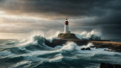 Fototapeta na wymiar A dramatic and intense background featuring a stormy sky, crashing waves, and a lighthouse standing tall against the elements. Environment, weather and nature concept. Copy space.