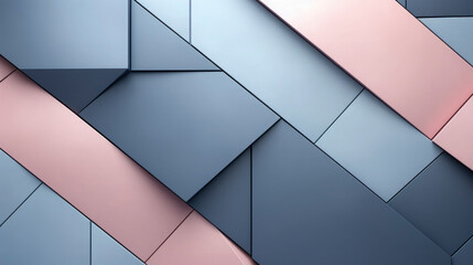 Closeup of geometric squares, triangles, polygon wall pattern in blue turquoise rose pink grey with 3d effect, modern design, background web business texture