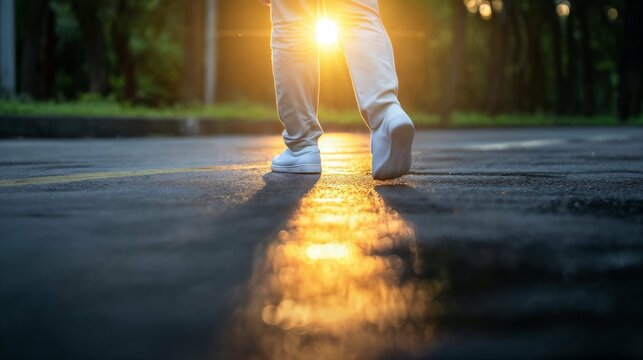 Person walking on a street at sunset with the sunlight reflecting on the ground run away patient dementia 