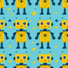pattern with funny blue monsters robots on yellow background 