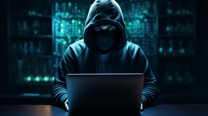 A masked hacker in a dark room using a laptop