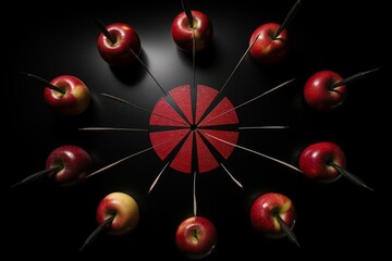 Multiple arrows hit target, one pierces red apple on black background. Generative AI