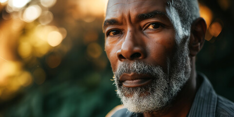 Elderly African American man with gray beard, intense gaze, golden hour light softening the...