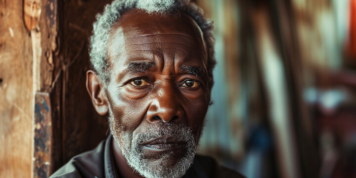 Portrait of an elderly Black man with a grey beard, deep in thought with a rustic background
