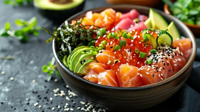 Aerial view of a trendy and loaded poke bowl with fresh raw fish, avocado, seaweed, and a variety of vibrant toppings. [Loaded poke bowl trendy fast food]