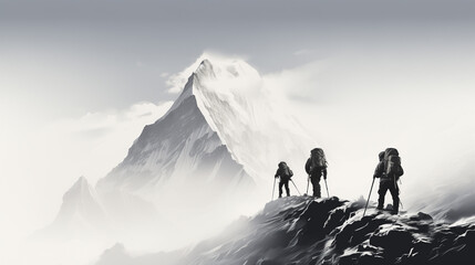 Mountain climbers - ascending peak - hiking - black and white - mountains - snow 