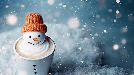 Cup of coffee or hot chocolate with melted marshmallow snowman. Winter cozy hot drink with milk...