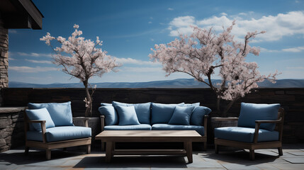 Patio seating - high-end patio furniture -colorful artwork - bright vibrant colors - meticulous symmetry - perfectly centered composition