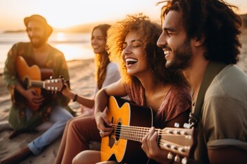 Friends playing guitar and singing on the beach at sunset