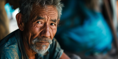 Fototapeta premium Elderly Asian man with a wise expression, his face marked by time, with a blurred background