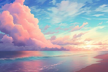 sunset over a beach with clouds - obrazy, fototapety, plakaty