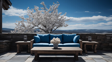 Patio seating - high-end patio furniture -colorful  artwork - bright vibrant colors - meticulous symmetry - perfectly centered composition  