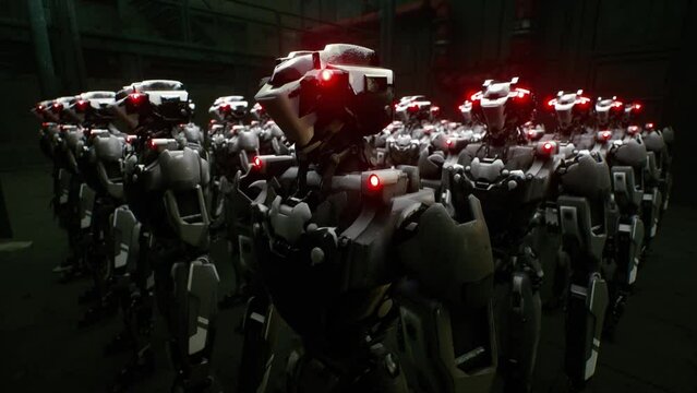 3d rendering of robotics army, industrial group of cyborg machines on factory background. Futuristic AI robotic team, artificial intelligence technology concept.